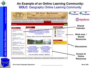 An Example of an Online Learning Community: GOLC : Geography Online Learning Community Shared Calendar Work area  / Stored Resources Discussions Access to Online Resources 