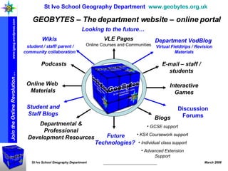 VLE Pages Online Courses and Communities E-mail – staff / students Blogs GCSE support KS4 Coursework support Individual class support Advanced Extension Support Podcasts Online Web  Materials Interactive Games Departmental & Professional Development Resources Future Technologies? St Ivo School Geography Department  www.geobytes.org.uk   GEOBYTES – The department website – online portal Looking to the future… Wikis   student / staff/ parent / community collaboration Department VodBlog  Virtual Fieldtrips / Revision Materials Student and Staff Blogs Discussion Forums 