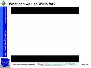 What can we use Wikis for? Source:  http:// www.youtube.com/watch?v =9hSzJ0Hj_eo   