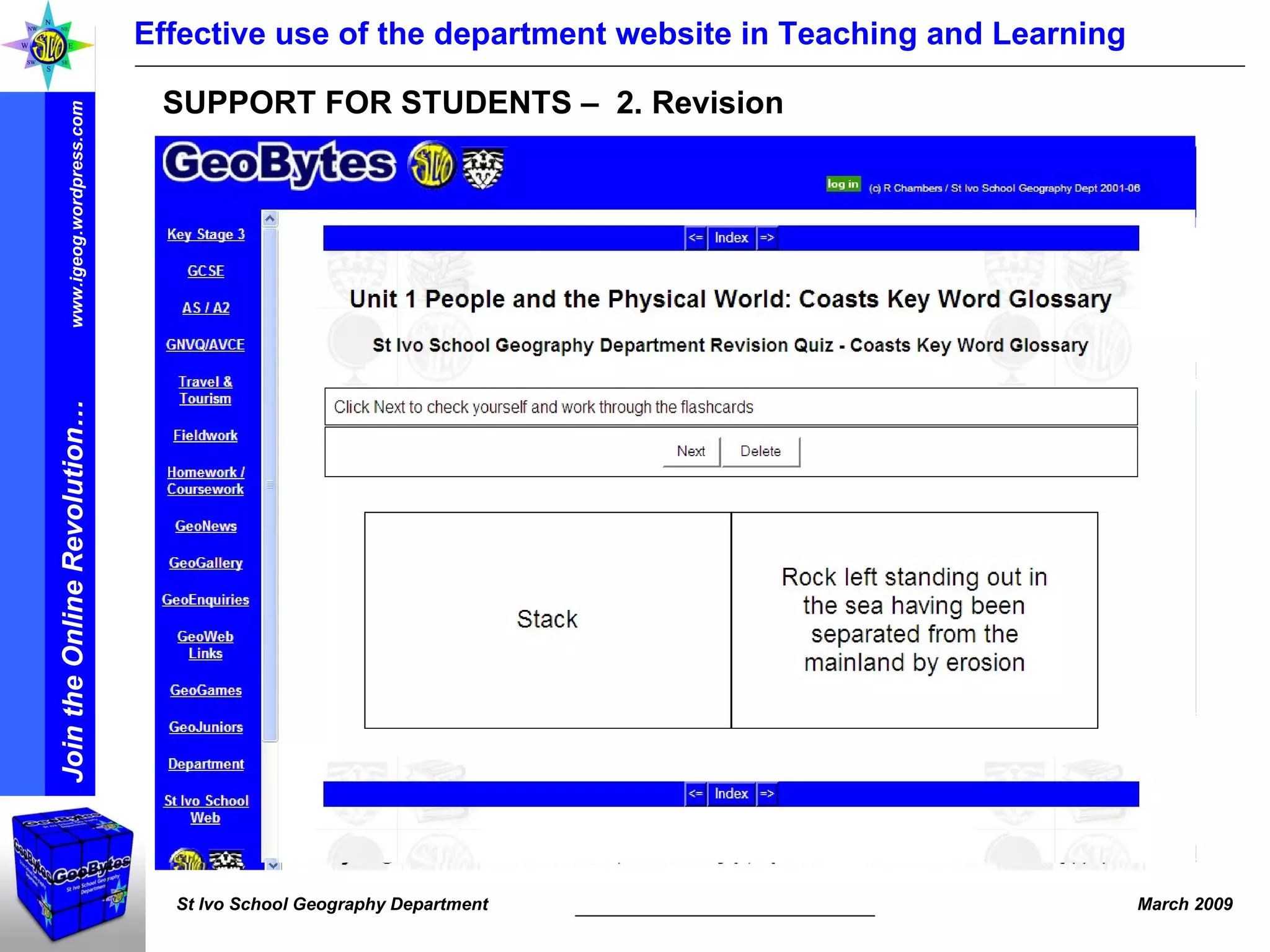 Effective use of the department website in Teaching and Learning SUPPORT FOR STUDENTS –  2. Revision 