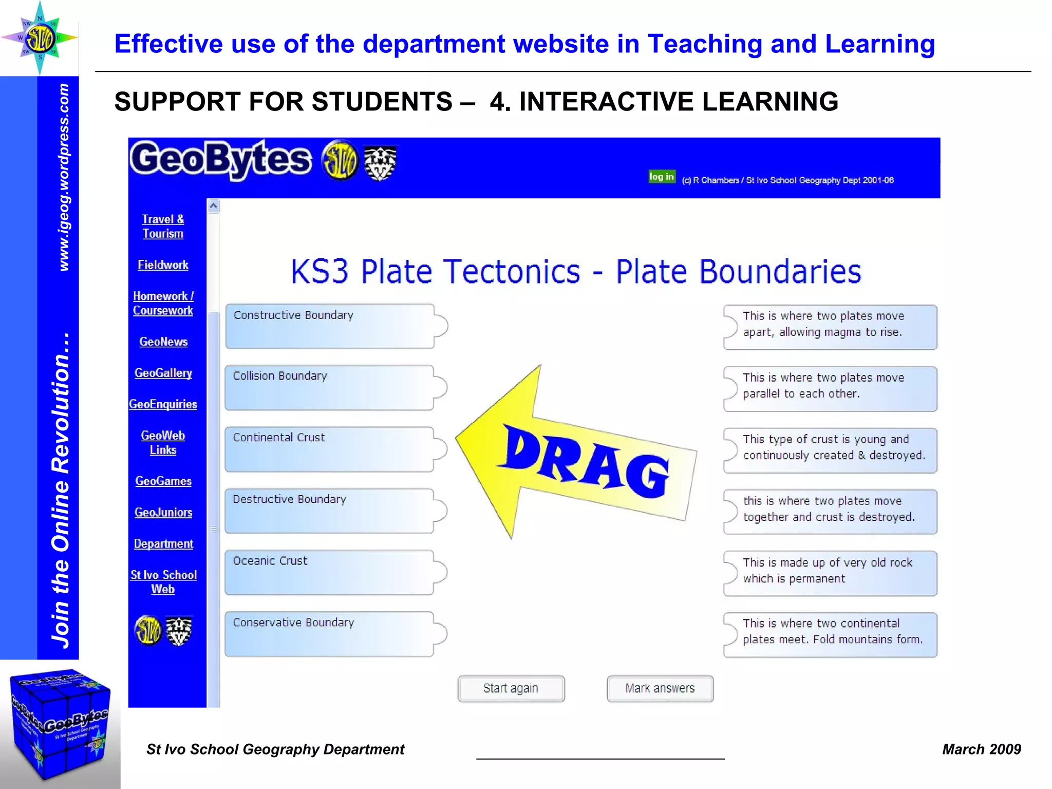 Effective use of the department website in Teaching and Learning SUPPORT FOR STUDENTS –  4. INTERACTIVE LEARNING 