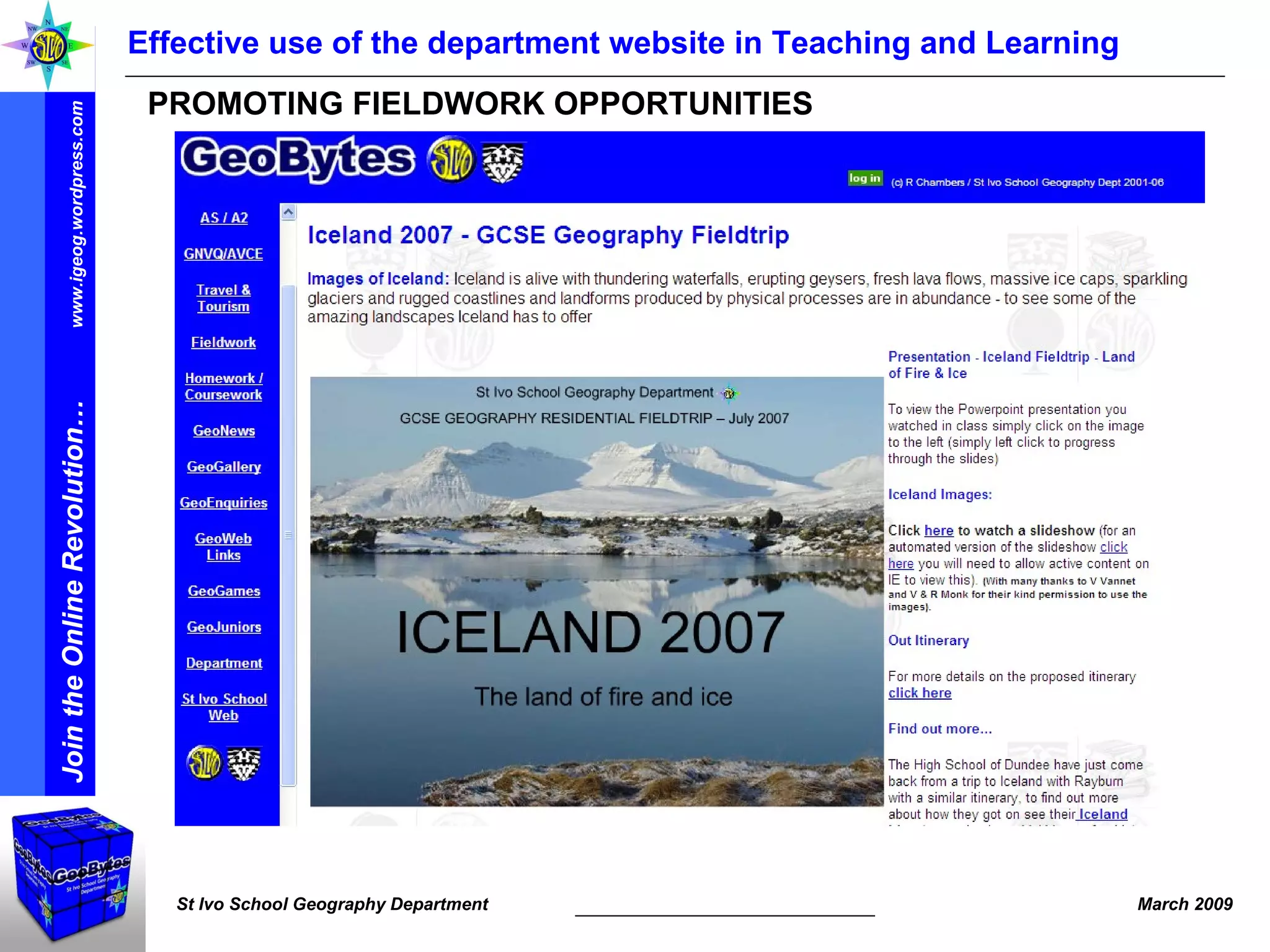Effective use of the department website in Teaching and Learning PROMOTING FIELDWORK OPPORTUNITIES 