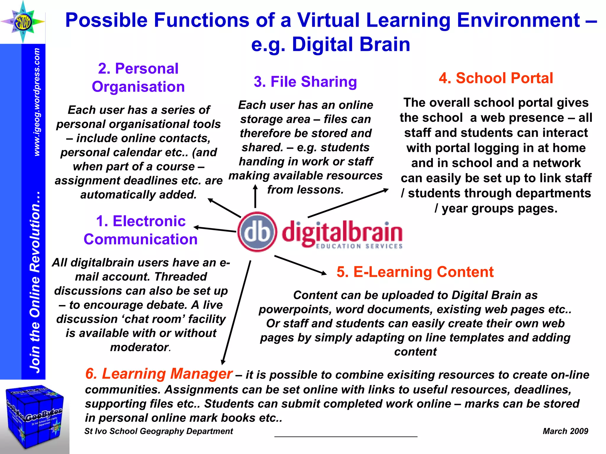 Possible Functions of a Virtual Learning Environment – e.g. Digital Brain 3. File Sharing Each user has an online storage area – files can therefore be stored and shared. – e.g. students handing in work or staff making available resources from lessons. 1. Electronic Communication All digitalbrain users have an e-mail account. Threaded discussions can also be set up – to encourage debate. A live discussion ‘chat room’ facility is available with or without moderator . 2. Personal Organisation Each user has a series of personal organisational tools – include online contacts, personal calendar etc.. (and when part of a course – assignment deadlines etc. are automatically added. 4. School Portal The overall school portal gives the school  a web presence – all staff and students can interact with portal logging in at home and in school and a network can easily be set up to link staff / students through departments / year groups pages. 5. E-Learning Content Content can be uploaded to Digital Brain as powerpoints, word documents, existing web pages etc.. Or staff and students can easily create their own web pages by simply adapting on line templates and adding content 6. Learning Manager   – it is possible to combine exisiting resources to create on-line communities. Assignments can be set online with links to useful resources, deadlines, supporting files etc.. Students can submit completed work online – marks can be stored in personal online mark books etc.. 