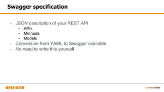 Swagger specification
▪ JSON description of your REST API
▪ APIs
▪ Methods
▪ Models
▪ Conversion from YAML to Swagger available
▪ No need to write this yourself
 