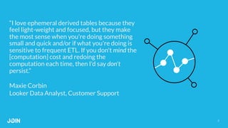 8
“I love ephemeral derived tables because they
feel light-weight and focused, but they make
the most sense when you're doing something
small and quick and/or if what you're doing is
sensitive to frequent ETL. If you don't mind the
[computation] cost and redoing the
computation each time, then I'd say don't
persist.”
Maxie Corbin
Looker Data Analyst, Customer Support
 