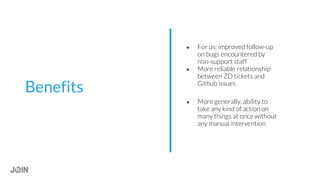 ● For us: improved follow-up
on bugs encountered by
non-support staff
● More reliable relationship
between ZD tickets and
Github issues
● More generally, ability to
take any kind of action on
many things at once without
any manual intervention
Benefits
 