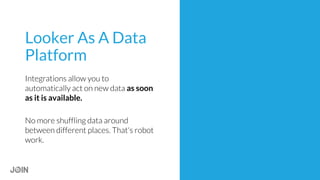 Looker As A Data
Platform
Integrations allow you to
automatically act on new data as soon
as it is available.
No more shuffling data around
between different places. That's robot
work.
 