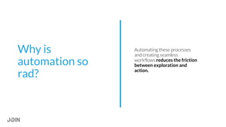 Automating these processes
and creating seamless
workflows reduces the friction
between exploration and
action.
Why is
automation so
rad?
 