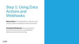 Step 1: Using Data
Actions and
Webhooks
Data actions are initiated by an end-user and
can be used to send data to external services.
Scheduled Webhooks also send data to
external services, but are scheduled in
advance and can be recurring.
 