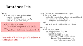 Broadcast Join
The smaller of R and the split of L is chosen to
build the hash table
 