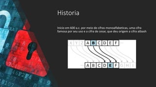 Historia
Inicio em 600 a.c. por meio de cifras monoalfabeticas, uma cifra
famosa por seu uso e a cifra de cesar, que deu origem a cifra atbash
 