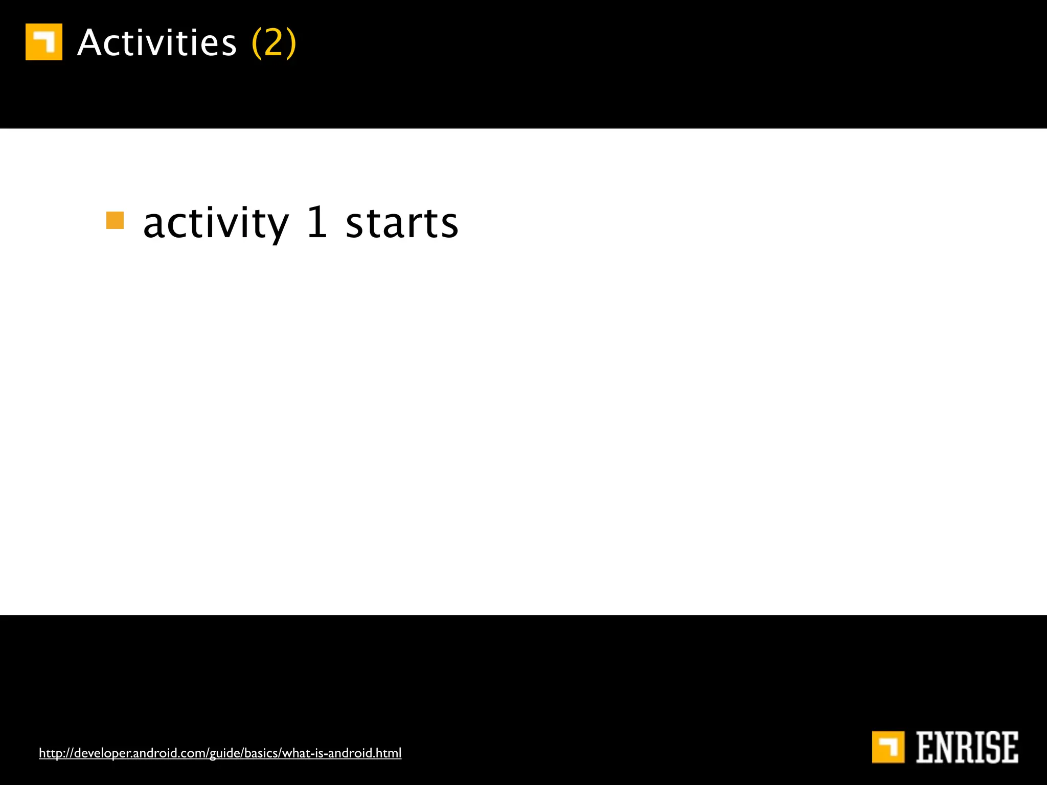 Activities (2)



                 activity 1 starts




http://developer.android.com/guide/basics/what-is-android.html
 