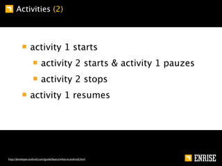 Activities (2)



                 activity 1 starts
                          activity 2 starts & activity 1 pauzes
                          activity 2 stops
                 activity 1 resumes




http://developer.android.com/guide/basics/what-is-android.html
 