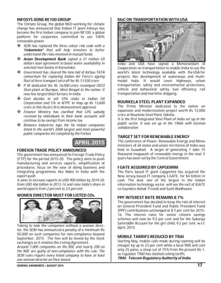 GENERAL AWARENESS – AUGUST 2015 17
INFOSYS JOINS RE100 GROUP
The Climate Group, the global NGO working for climate
change has announced that Indian IT giant Infosys has
become the first Indian company to join RE100, a global
platform for corporates committed to use 100%
renewable power.
 SEBI has replaced the three colour risk code with a
'riskometer' that will help investors to better
understand the risks involved in mutual funds.
 Asian Development Bank signed a 31 million US
dollars loan agreement to boost water availability in
selected river basins in Karnataka.
 Government has cleared the lone bid of Airbus-TATA
consortium for replacing Indian Air Force's ageing
fleet of Avro transport aircraft for Rs 11,930 crore.
 P M dedicated the Rs 16,000-crore revamped IISCO
Steel plant at Burnpur, West Bengal to the nation. It
now has largest blast furnace in India.
 Govt decides to sell 10% stake in Indian Oil
Corporation and 5% in NTPC to mop up Rs 13,600
crore in this fiscal’s first disinvestment approval.
 Finance Ministry has clarified that LPG subsidy
received by individuals in their bank accounts will
continue to be exempt from income tax.
 Reliance Industries tops the 56 Indian companies
listed in the world's 2000 largest and most powerful
public companies list compiled by the Forbes.
APRIL 2015
FOREIGN TRADE POLICY ANNOUNCED
The government has announced its Foreign Trade Policy
(FTP) for the period 2015-20. The policy aims to push
manufacturing and services exports, simplification of
procedures, focus on the ease of doing business and
integrating programmes like Make in India with the
export push.
It aims to increase exports to USD 900 billion by 2019-20,
from USD 466 billion in 2013-14 and raise India's share in
world exports from 2 percent to 3.5 percent.
WOMEN DIRECTOR MUST FOR LISTED COs.
Taking to task the companies without a woman direc-
tor, the SEBI has announced a penalty of a minimum Rs
50,000 on such companies for non-compliance beyond
September, 2015. The fine will be levied by the stock
exchanges as it violates the Listing Agreement.
Around 1,000 companies on the BSE and nearly 200 on
the NSE are guilty of non-compliance with the rule. The
SEBI rules require every listed company to have at least
one woman director on their board.
MoC ON TRANSPORTATION WITH USA
India and USA have signed a Memorandum of
Cooperation on transportation to enable India to use the
world's latest technology available with the USA for
projects like development of waterways and multi-
modal hubs. It would cover highways, urban
transportation, safety and environmental protections,
vehicle and behavioral safety, fuel efficiency, rail
transportation and maritime shipping.
ROURKELA STEEL PLANT EXPANDED
The Prime Minister dedicated to the nation an
expansion and modernization project worth Rs 12,000
crore at Rourkela Steel Plant, Odisha.
It is the first Integrated Steel Plant of India set up in the
public sector. It was set up in the 1960s with German
collaboration.
TARGET SET FOR RENEWABLE ENERGY
The conference of Power, Renewable Energy and Mines
ministers of all states and union territories of India was
held in Guwahati. A target of generating 1 lakh 75
thousand megawatt of renewable energy in the next 5
years has been set by the Central Government
I GATE ACQUIRED BY CAPGEMINI
The Paris based IT giant Capgemini has acquired the
New Jersey-based IT company I-GATE, for $4 billion in
cash. The deal, one of the largest in the Indian
information technology sector, will see the exit of IGATE
co-founders Ashok Trivedi and Sunil Wadhwani.
PPF INTEREST RATE REMAINS 8.7%
The government has decided to keep the rate of interest
on General Provident Fund and Public Provident Fund
(PPF) contributions unchanged at 8.7 per cent for 2015-
16. The interest rates for senior citizens savings
schemes will now be 9.3 per cent and for the Sukanya
Samriddhi Account for the girl child, 9.2 per cent, w.e.f.
April, 2015
MOBILE TARRIFS REDUCED BY TRAI
Starting May, mobile calls made during roaming will be
cheaper by up to 23 per cent while a local SMS will cost
only 25 paise, a steep cut of 75% from the present Re 1,
as regulator TRAI has slashed ceiling tariffs.
TRAI: Telecom Regulatory Authority of India
 