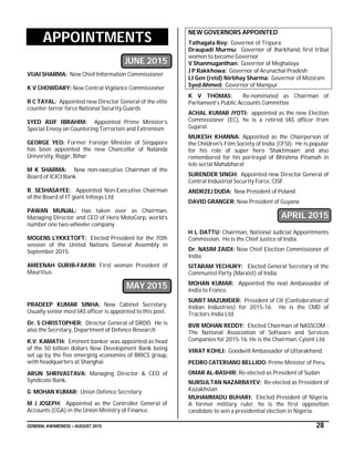 GENERAL AWARENESS – AUGUST 2015 28
APPOINTMENTS
JUNE 2015
VIJAI SHARMA: New Chief Information Commissioner
K V CHOWDARY: New Central Vigilance Commissioner
R C TAYAL: Appointed new Director General of the elite
counter-terror force National Security Guards
SYED ASIF IBRAHIM: Appointed Prime Minister’s
Special Envoy on Countering Terrorism and Extremism
GEORGE YEO: Former Foreign Minister of Singapore
has been appointed the new Chancellor of Nalanda
University, Rajgir, Bihar.
M K SHARMA: New non-executive Chairman of the
Board of ICICI Bank
R. SESHASAYEE: Appointed Non-Executive Chairman
of the Board of IT giant Infosys Ltd.
PAWAN MUNJAL: Has taken over as Chairman,
Managing Director and CEO of Hero MotoCorp, world’s
number one two-wheeler company.
MOGENS LYKKETOFT: Elected President for the 70th
session of the United Nations General Assembly in
September 2015.
AMEENAH GURIB-FAKIM: First woman President of
Mauritius.
MAY 2015
PRADEEP KUMAR SINHA: New Cabinet Secretary.
Usually senior most IAS officer is appointed to this post.
Dr. S CHRISTOPHER: Director General of DRDO. He is
also the Secretary, Department of Defence Research
K.V. KAMATH: Eminent banker was appointed as head
of the 50 billion dollars New Development Bank being
set up by the five emerging economies of BRICS group,
with headquarters at Shanghai
ARUN SHRIVASTAVA: Managing Director & CEO of
Syndicate Bank.
G MOHAN KUMAR: Union Defence Secretary
M J JOSEPH: Appointed as the Controller General of
Accounts (CGA) in the Union Ministry of Finance.
NEW GOVERNORS APPOINTED
Tathagata Roy: Governor of Tripura
Draupadi Murmu: Governor of Jharkhand, first tribal
women to become Governor
V Shanmuganthan: Governor of Meghalaya
J P Rakkhowa: Governor of Arunachal Pradesh
Lt Gen (retd) Nirbhay Sharma: Governor of Mizoram
Syed Ahmed: Governor of Manipur
K V THOMAS: Re-nominated as Chairman of
Parliament’s Public Accounts Committee
ACHAL KUMAR JYOTI: appointed as the new Election
Commissioner (EC), he is a retired IAS officer from
Gujarat.
MUKESH KHANNA: Appointed as the Chairperson of
the Children's Film Society of India (CFSI). He is popular
for his role of super hero ‘Shaktimaan’ and also
remembered for his portrayal of Bhishma Pitamah in
tele serial Mahabharat
SURENDER SINGH: Appointed new Director General of
Central Industrial Security Force, CISF.
ANDRZEJ DUDA: New President of Poland
DAVID GRANGER: New President of Guyana
APRIL 2015
H L DATTU: Chairman, National Judicial Appointments
Commission. He is the Chief Justice of India.
Dr. NASIM ZAIDI: New Chief Election Commissioner of
India
SITARAM YECHURY: Elected General Secretary of the
Communist Party (Marxist) of India
MOHAN KUMAR: Appointed the next Ambassador of
India to France.
SUMIT MAZUMDER: President of CII (Confederation of
Indian Industries) for 2015-16. He is the CMD of
Tractors India Ltd.
BVR MOHAN REDDY: Elected Chairman of NASSCOM -
The National Association of Software and Services
Companies for 2015-16. He is the Chairman, Cyient Ltd.
VIRAT KOHLI: Goodwill Ambassador of Uttarakhand.
PEDRO CATERIANO BELLIDO: Prime Minister of Peru
OMAR AL-BASHIR: Re-elected as President of Sudan
NURSULTAN NAZARBAYEV: Re-elected as President of
Kazakhstan
MUHAMMADU BUHARI: Elected President of Nigeria.
A former military ruler, he is the first opposition
candidate to win a presidential election in Nigeria.
 