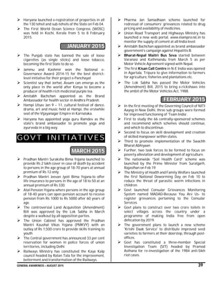 GENERAL AWARENESS – AUGUST 2015 39
 Haryana launched e-registration of properties in all
the 130 tehsil and sub-tehsils of the State on Feb 04.
 The First World Ocean Science Congress (WOSC)
was held in Kochi, Kerala from 5 to 8 February
2015.
JANUARY 2015
 The Punjab state has banned the sale of loose
cigarettes (as single sticks) and loose tobacco,
becoming the first State to do so.
 Jammu and Kashmir won the National e-
Governance Award 2014-15 for the best district-
level initiative for their project e-Panchayat
 Scientist say that Jorhat, Assam can emerge as the
only place in the world after Kenya to become a
producer of health-rich medicinal purple tea.
 Amitabh Bachchan appointed as the Brand
Ambassador for health sector in Andhra Pradesh.
 Hampi Utsav Jan 9 – 11, cultural festival of dance,
drama, art and music held at Hampi, the erstwhile
seat of the Vijayanagar Empire in Karnataka.
 Haryana has appointed yoga guru Ramdev as the
state's brand ambassador to promote yoga and
ayurveda in a big way.
GOVT INITIATIVES
MARCH 2015
 Pradhan Mantri Suraksha Bima Yojana launched to
provide Rs 2 lakh cover in case of death by accident
to persons in the age group of 18-70 years at annual
premium of Rs 12 only.
 Pradhan Mantri Jeevan Jyoti Bima Yojana to offer
life insurance to persons in the age of 18 to 50 at an
annual premium of Rs 330.
 Atal Pension Yojana where persons in the age group
of 18-40 years can open pension account to receive
pension from Rs 1000 to Rs 5000 after 60 years of
age.
 The controversial Land Acquisition (Amendment)
Bill was approved by the Lok Sabha in March
despite a walkout by all opposition parties.
 The Union Cabinet has approved the Pradhan
Mantri Kaushal Vikas Yojana (PMKVY) with an
outlay of Rs 1,500 crore to provide skills training to
youth
 The Central government has announced 33 per cent
reservation for women in police forces of union
territories, including Delhi
 Railways Ministry has constituted the Kaya Kalp
council headed by Ratan Tata for the improvement,
betterment and transformation of the Railways.
 Pharma Jan Samadhaan scheme launched for
redressal of consumers’ grievances related to drug
pricing and availability of medicines.
 Union Road Transport and Highways Ministry has
launched a new web portal, www.inampro.nic.in to
monitor the supply of cement at all India level.
 Amitabh Bachchan appointed as brand ambassador
government’s campaign against Hepatitis B.
 Bharat-Nepal Maitri Bus Seva started between
Varanasi and Kathmandu from March 5 as per
Motor Vehicle Agreement signed with Nepal.
 The first Kisan Call Centre in N-E India was opened
in Agartala, Tripura to give information to farmers
for agriculture, fisheries and plantations etc.
 The Lok Sabha has passed the Motor Vehicles
(Amendment) Bill, 2015 to bring e-rickshaws into
the ambit of the Motor Vehicles Act, 1988.
FEBRUARY 2015
 In the first meeting of the Governing Council of NITI
Aayog in New Delhi, three sub groups were formed
for improved functioning of ‘Team India’.
 First to study the 66 centrally-sponsored schemes
and recommend which schemes should continue,
and which to discontinue.
 Second to focus on skill development and creation
of skilled manpower within states.
 Third to promote implementation of the Swachh
Bharat Abhiyaan
 Further, two task forces to be formed to focus on
poverty alleviation and development of agriculture.
 The nationwide “Soil Health Card” scheme was
launched by the Prime Minister from Suratgarh,
Rajasthan on Feb 19
 The Ministry of Health and Family Welfare launched
the first National Deworming Day on Feb 10 to
reduce the threat of parasitic worm infections in
children.
 Govt launched Consular Grievances Monitoring
System named MADAD-Because You Are Us- to
register grievances pertaining to the Consular
Services
 Govt plans to construct over two crore toilets in
select villages across the country under a
programme of making India free from open
defecation by 2019.
 The government plans to launch a new scheme
'Krishi Daak Service' to distribute improved seed
varieties to farmers at their doorstep, through post-
offices.
 Govt has constituted a three-member Special
Investigation Team (SIT) headed by Pramod
Asthana for re-investigation of the 1984 anti-Sikh
riot cases.
 