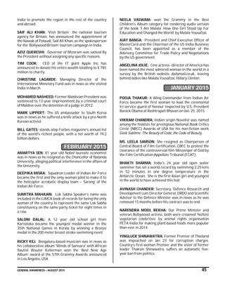 GENERAL AWARENESS – AUGUST 2015 45
India to promote the region in the rest of the country
and abroad.
SAIF ALI KHAN: ‘Visit Britain’, the national tourism
agency for Britain, has announced the appointment of
the Nawab of Pataudi, Saif Ali Khan, as the spokesperson
for the ‘Bollywood Britain’ tourism campaign in India.
AZIZ QUERESHI: Governor of Mizoram was sacked By
the President without assigning any specific reasons.
TIM COOK: CEO of the IT giant Apple Inc has
announced to donate his entire wealth totalling to $ 785
million to charity.
CHRISTINE LAGARDE: Managing Director of the
International Monetary Fund was in news as she visited
India in March.
MOHAMED NASHEED: Former Maldivian President was
sentenced to 13-year imprisonment by a criminal court
of Maldive over the detention of a judge in 2012.
MARK LIPPERT: The US ambassador to South Korea
was in news as he suffered a knife attack by a pro-North
Korean activist.
BILL GATES: stands atop Forbes magazine's annual list
of the world's richest people, with a net worth of 79.2
billion dollars.
FEBRUARY 2015
AMARTYA SEN: 81 year old Nobel laureate economist
was in news as he resigned as the Chancellor of Nalanda
University, alleging political interference in the affairs of
the University.
DEEPIKA MISRA: Squadron Leader of Indian Air Force
became the first and the only woman pilot to make it to
the helicopter acrobatic display team – ‘Sarang’ of the
Indian Air Force.
SUMITRA MAHAJAN: Lok Sabha Speaker’s name was
included in the LIMCA book of records for being the only
woman of the country to represent the same Lok Sabha
constituency on the same party ticket for eight times in
a row.
SALONI DALAL: A 12 year old school girl from
Karnataka became the youngest medal winner in the
35th National Games in Kerala by winning a Bronze
medal in the 200 meter breast stroke swimming event.
RICKY KEJ: Bengaluru-based musician was in news as
his collaborative album 'Winds of Samsara' with African
flautist Wouter Kellerman won the ‘Best New Age
Album’ award at the 57th Grammy Awards announced
in Los Angeles, USA
NEELA VASWANI: won the Grammy in the Best
Children's Album category for rendering audio version
of the book 'I Am Malala: How One Girl Stood Up For
Education and Changed the World’ by Malala Yousafzai.
AJAY BANGA: President and Chief Executive Officer of
MasterCard and the Chairman of the US India Business
Council, has been appointed as a member of the
Advisory Committee for Trade Policy and Negotiations
by the US government.
ANGELINA JOLIE: Cine actress -director of America has
been named the most admired woman in the world in a
survey by the British website dailymail.co.uk., leaving
behind ladies like Malala Yousafzai, Hillary Clinton.
JANUARY 2015
POOJA THAKUR: A Wing Commander from Indian Air
Force became the first woman to lead the ceremonial
tri-service guard of honour inspected by U.S. President
Barack Obama at Rashtrapati Bhavan on Jan. 25, 2015.
VIKRAM CHANDRA: Indian origin Novelist was named
among the finalists for prestigious National Book Critics
Circle (NBCC) Awards of USA for his non-fiction work
Geek Sublime: The Beauty of Code, the Code of Beauty.
MS. LEELA SAMSON: She resigned as Chairperson of
Central Board of Film Certification, CBFC to protest the
clearance of the controversial film Messenger of God by
the Film Certification Appellate Tribunal (FCAT).
BHAKTI SHARMA: India's 24 year old open water
swimmer has set a world record by swimming 2.25 kms
in 52 minutes in one degree temperature in the
Antarctic Ocean. She is the first Asian girl and youngest
in the world to have achieved this feat.
AVINASH CHANDER: Secretary, Defence Research and
Development cum Director General, DRDO and Scientific
Advisor to the Defence Minister was in news as he was
removed 15 months before his contract was to end.
NARENDRA MODI, REKHA: Our Prime Minister and
veteran Bollywood actress, both were crowned ‘hottest
vegetarian celebrities’ by animal rights organisation
PETA India for making plant-based foods more popular
than ever in 2014.
YINGLUCK SHINAWATRA: Former Premier of Thailand
was impeached on Jan 23 for corruption charges.
Country’s first woman Premier and the sister of former
leader Thaksin Shinawatra, suffers an automatic five-
year ban from politics.
 