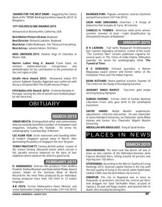 GENERAL AWARENESS – AUGUST 2015 49
‘AWARD FOR THE BEST BANK’: bagged by the Canara
Bank at the "MSME Banking Excellence Awards-2014" at
Bengaluru.
72ND GOLDEN GLOBE AWARDS 2015
Announced at Beverly Hills, California, USA
Best Motion Picture-Drama: Boyhood
Best Director: Richard Linklater, Boyhood
Best Actor: Eddie Redmayne, The Theory of Everything
Best Actress: Julianne Moore, Still Alice
MISS UNIVERSE 2015: Paulina Vega of Columbia at
Miami, USA.
Martin Luther King Jr. Award: Frank Islam, an
eminent Indian-American entrepreneur and
philanthropist for his contribution to the promotion of
the civil rights in USA.
Giraffe Hero Award 2015: Renowned Indian RTI
activist Subhash Chandra Aggarwal was conferred with
the by a US-based NGO The Giraffe Heroes Project.
FIFA Ballon d'Or Award- 2014: Cristiano Ronaldo of
Portugal, earning the title of world's best football player
for the third time.
OBITUARY
MARCH 2015
VINOD MEHTA: Distinguished editor and commentator
who successfully launched a number of newspapers and
magazines, including the ‘Outlook’. He wrote his
autobiography “Lucknow Boy: A Memoir”.
LEE KUAN YEW: Great statesman and founding father
of modern Singapore passed away in March, after
dominating the politics of Singapore for over 50 years.
TERRY PRATCHETT: Famous British author, creator of
the science fantasy Discworld novels which narrate a
flat, parallel universe balanced on the back of four
elephants which stand on the shell of a giant turtle.
FEBRUARY 2015
D. RAMANAIDU: Veteran film producer from Andhra
Pradesh, Padma Bhushan and Dada Saheb Phalke Award
winner, holder of the Guinness Book of World
Records for the most films produced by an individual,
having produced more than 150 films in 13 Indian
languages.
R.R. PATIL: Former Maharashtra Home Minister and
senior Nationalist Congress Party leader (16th Feb 2015)
RAJINDER PURI: Popular cartoonist, veteran columnist
and political activist (16th Feb 2015).
GAUR HARI SINGHANIA: Chairman, J K Group of
Industries that includes JK Tyres, JK Cements.
CHARLES H. TOWNES: American noble prize winner
scientist, inventor of laser –‘Light Amplification by
Stimulated Emission of Radiation’.
JANUARY 2015
R K LAXMAN: Full name Rasipuram Krishnaswamy
Iyer Laxman, legendary cartoonist, creator of the iconic
"The Common Man" cartoon published regularly for
several years in The Times of India, Padma Vibhushan
awardee. He wrote his autobiography titled ‘The
Tunnel of Time’.
B G VERGHESE: Eminent journalist, a Ramon
Magsaysay award winner and former editor of the
Hindustan Times and The Indian Express.
RAJNI KOTHARI: Noted political scientist, founder of
The Centre for the Study of Developing Societies
JASWANT SINGH RAJPUT: Two-time gold medal
winning hockey Olympian
SUBASH GHISING: Former chief of Gorkha National
Liberation Front, who gave birth to the Gorkhaland
movement
SAIYID HAMID: Noted Muslim academician,
educationist, reformist and author. He was Chancellor
of Jamia Hamdard University, ex-Chancellor Jamia Millia
Islamia and former Vice Chancellor Aligarh Muslim
University
ABDULLAH BIN ABDULAZIZ: King of Saudi Arabia
P L A C E S I N N E W S
MARCH 2015
BACHHRAWAN: The town near Rae Bareli, UP was in
news as two coaches of the Dehradun-Varanasi Janta
Express derailed there, killing around 40 persons and
injuring over 150 others.
HYDERABAD: According to the Mercer Quality of Living
Rankings 2015, Austrian capital Vienna is the city with
the best quality of living in the world, while Hyderabad,
ranked 138th, was the best Indian city to live in.
DIMAPUR: The city in Nagaland was in news as
thousands of protesters stormed the central jail there
and dragged out Syed Sarifuddin Khan, accused of
raping a 20-year-old Naga student, and lynched him to
death, after brutally thrashing him.
 