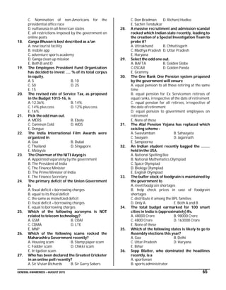 GENERAL AWARENESS – AUGUST 2015 65
C. Nomination of non-Americans for the
presidential office race
D. euthanasia in all American states
E. all restrictions imposed by the government on
online posts
18. Ganga Bhuvan is best described as a/an
A. new tourist facility
B. mobile app
C. adventure sports academy
D. Ganga clean up mission
E. Both B and D
19. The Employees Provident Fund Organization
has decided to invest ….. % of its total corpus
in equity.
A. 5 B. 10
C. 50 D. 25
E. 15
20. The revised rate of Service Tax, as proposed
in the Budget 1015-16, is
A. 12.36% B. 14%
C. 14% plus cess D. 12% plus cess
E. 16%
21. Pick the odd man out.
A. MERS B. Ebola
C. Common Cold D. AIDS
E. Dengue
22. The India International Film Awards were
organized in
A. Goa B. Dubai
C. Thailand D. Singapore
E. Malaysia
23. The Chairman of the NITI Aayog is
A. Appointed separately by the government
B. The President of India
C. The Finance Minister
D. The Prime Minister of India
E. The Finance Secretary
24. The primary deficit of the Union Government
is
A. fiscal deficit + borrowing charges
B. equal to its fiscal deficit
C. the same as monetized deficit
D. fiscal deficit – borrowing charges
E. equal to borrowing charges
25. Which of the following acronyms is NOT
related to telecom technology?
A. GSM B. COAI
C. CDMA D. LTE
E. MNP
26. Which of the following scams rocked the
Maharashtra Government recently?
A. Housing scam B. Stamp paper scam
C. Fodder scam D. Chikki scam
E. Irrigation scam
27. Who has been declared the Greatest Cricketer
in an online poll recently?
A. Sir Vivian Richards B. Sir Garry Sobers
C. Don Bradman D. Richard Hadlee
E. Sachin Tendulkar
28. A massive recruitment and admission scandal
rocked which Indian state recently, leading to
the creation of a Special Investigation Team to
probe it?
A. Uttrakhand B. Chhattisgarh
C. Madhya Pradesh D. Uttar Pradesh
E. Haryana
29. Select the odd one out.
A. BAFTA B. Golden Globe
C.OSCAR D. Golden Panda
E. Grammy
30. The One Rank One Pension system proposed
by the government will ensure
A. equal pension to all those retiring at the same
time
B. equal pension for Ex Servicemen retirees of
equal ranks, irrespective of the date of retirement
C. equal pension for all retirees, irrespective of
the date of retirement
D. equal pension to government employees on
retirement
E. None of these
31. The Atal Pension Yojana has replaced which
existing scheme :
A. Swavlamban B. Sahaayata
C. Swayam D. Jagannath
E. Sampoorna
32. An Indian student recently bagged the ………
held in the USA.
A. National Spelling Bee
B. National Mathematics Olympiad
C. Space Olympiad
D. Biology Olympiad
E. English Olympiad
33. The buffer stock of foodgrain is maintained by
the government to
A. meet foodgrain shortages
B. help check prices in case of foodgrain
shortages
C. distribute it among the BPL families
D. Only A E. Both A and B
34. The total budget earmarked for 100 smart
cities in India is (approximately) Rs.
A. 48000 Crore B. 98000 Crore
C. 4800 Crore D. 163000 Crore
E. None of these
35. Which of the following states is likely to go to
Assembly elections this year?
A. Goa B. Delhi
C. Uttar Pradesh D. Haryana
E. Bihar
36. Sepp Blatter, who dominated the headlines
recently, is a
A. sportsman
B. sports administrator
 