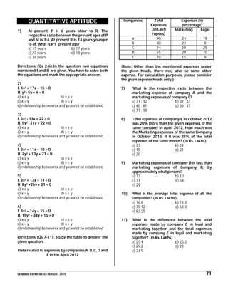 GENERAL AWARENESS – AUGUST 2015 71
QUANTITATIVE APTITUDE
1) At present, P is 6 years older to R. The
respective ratio between the present ages of P
and M is 3:4. At present R is 14 years younger
to M. What is R’s present age?
a) 15 years b) 17 years
c) 23 years d) 18 years
e) 38 years
Directions (Qs 2-6):In the question two equations
numbered I and II are given. You have to solve both
the equations and mark the appropriate answer.
2)
I. 4x2 + 17x + 15 = 0
II. y2 - 5y + 6 = 0
a) x ≥ y b) x ≤ y
c) x > y d) x < y
e) relationship between x and y cannot be established
3)
I. 3x2 - 17x + 22 = 0
II. 5y2 - 21y + 22 = 0
a) x ≥ y b) x ≤ y
c) x > y d) x < y
e) relationship between x and y cannot be established
4)
I. 3x2 + 11x + 10 = 0
II. 2y2 + 13y + 21 = 0
a) x ≥ y b) x ≤ y
c) x > y d) x < y
e) relationship between x and y cannot be established
5)
I. 3x2 + 13x + 14 = 0
II. 8y2 +26y + 21 = 0
a) x ≥ y b) x ≤ y
c) x > y d) x < y
e) relationship between x and y cannot be established
6)
I. 3x2 – 14y + 15 = 0
II. 15y2 – 34y + 15 = 0
a) x ≥ y b) x ≤ y
c) x > y d) x < y
e) relationship between x and y cannot be established
Directions (Qs 7-11): Study the table to answer the
given question.
Data related to expenses by companies A, B, C, D and
E in the April 2012
Companies Total
Expenses
(in Lakh
rupees)
Expenses (in
percentage)
Marketing Legal
A 90 24 18
B 80 23 8
C 74 30 25
D 65 20 10
E 70 15 9
(Note: Other than the mentioned expenses under
the given heads, there may also be some other
expense. For calculation purposes, please consider
the given expense heads only.)
7) What is the respective ratio between the
marketing expense of company A and the
marketing expenses of company C?
a) 31 : 32 b) 37 : 33
c) 40 : 41 d) 36 : 37
e) 31 : 38
8) Total expenses of Company E in October 2012
was 20% more than the given expenses of the
same company in April 2012. How much was
the Marketing expenses of the same Company
in October 2012, if it was 25% of the total
expenses of the same month? (in Rs. Lakhs)
a) 23 b) 24
c) 15 d) 21
e) 20
9) Marketing expenses of company D is less than
marketing expenses of Company B, by
approximately what percent?
a) 12 b) 10
c) 31 d) 59
e) 29
10) What is the average total expense of all the
companies? (in Rs. Lakhs)
a) 76.8 b) 75.8
c) 75.12 d) 62.8
e) 82.25
11) What is the difference between the total
expenses made by company C in legal and
marketing together and the total expenses
made by company E in legal and marketing
together? (in Rs. Lakhs)
a) 25.4 b) 25.3
c) 29.2 d) 23
e) 23.9
 