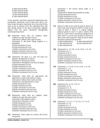 GENERAL AWARENESS – AUGUST 2015 75
a) 40m towards West
b) 40m towards South
c) 45m towards South
d) 45m towards North
e) 40m towards North
In this question, two/three statements followed by two
conclusions numbered I and II have been given. You
have to take the given statements to be true even if they
seem to be at variance from the commonly facts and
then decide which of the given conclusions logically
follows from the given statements disregarding
commonly known facts.
12) Statement: Some wins are trophies. Some
trophies are cups. No cup is a prize.
Conclusion I: Atleast some cups are wins.
Conclusion II: All prizes being trophies is a
possibility.
a) Only conclusion I is true
b) Only conclusion II is true
c) Either conclusion I or II is true
d) Both conclusion I and II are true
e) Neither conclusion I nor II is true
13) Statements: No layer is a coat. All coats are
deposits. All deposits are sheets.
Conclusion I: All coats are sheets.
Conclusion II: All deposits can never be layers.
a) Only conclusion I is true
b) Only conclusion II is true
c) Either conclusion I or II is true
d) Both conclusion I and II are true
e) Neither conclusion I nor II is true
14) Statements: Some flats are apartments. No
apartment is a hall. Some halls are rooms.
Conclusion I: Atleast some rooms are flats.
Conclusion II: No apartment is a room.
a) Only conclusion I is true
b) Only conclusion II is true
c) Either conclusion I or II is true
d) Both conclusion I and II are true
e) Neither conclusion I nor II is true
15) Statements: Some wins are trophies. Some
trophies are cups. No cup is a prize.
Conclusion I: No trophy is a prize.
Conclusion II: No prize is a win.
a) Only conclusion I is true
b) Only conclusion II is true
c) Either conclusion I or II is true
d) Both conclusion I and II are true
e) Neither conclusion I nor II is true
16) Statements: Some codes are secrets. All secrets
are puzzles.
Conclusion I: All secrets being codes is a
possibility.
Conclusion II: Atleast some puzzles are codes.
a) Only conclusion I is true
b) Only conclusion II is true
c) Either conclusion I or II is true
d) Both conclusion I and II are true
e) Neither conclusion I nor II is true
17) Point A is 40m to the north of point B. Point C is
20m to the west of point A. Point D is 30m to the
south of point C. Point E is exactly midway
between points D and F in such a manner that
Point D, E and F form a horizontal straight line of
30m. Point F is to the east of point D. Point G is
30m to the north of point F. How far and in which
direction is point G from point A?
a) 30m towards West b) 40m towards North
c) 10m towards East d) 20m towards East
e) 30m towards East
18) Statements I: L = P  W < V  K  Q; B < L; K = M
Conclusion I: B < V
Conclusion II: M > P
a) Only conclusion I is true
b) Only conclusion II is true
c) Either conclusion I or II is true
d) Both conclusion I and II are true
e) Neither conclusion I nor II is true
19) Statements: L = P  W < V  K  Q; B < L; K = M
Conclusion I: L  Q
Conclusion II: W = M
a) Only conclusion I is true
b) Only conclusion II is true
c) Either conclusion I or II is true
d) Both conclusion I and II are true
e) Neither conclusion I nor II is true
20) Statements: R  U = B < S; B  X
Conclusion I: X > R
Conclusion II: X = R
a) Only conclusion I is true
b) Only conclusion II is true
c) Either conclusion I or II is true
d) Both conclusion I and II are true
e) Neither conclusion I nor II is true
21) Statement: C > U  S < T = O > D  Y; Z = O  P
Conclusion I: U > D
Conclusion II: S < P
a) Only conclusion I is true
b) Only conclusion II is true
c) Either conclusion I or II is true
d) Both conclusion I and II are true
e) Neither conclusion I nor II is true
 