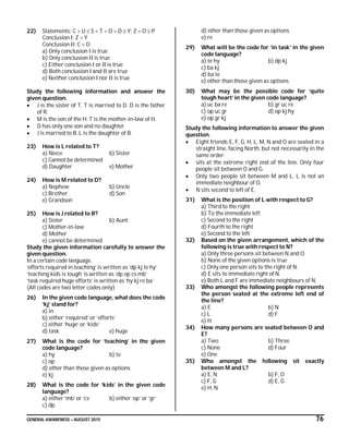 GENERAL AWARENESS – AUGUST 2015 76
22) Statements: C > U  S < T = O > D  Y; Z = O  P
Conclusion I: Z > Y
Conclusion II: C < O
a) Only conclusion I is true
b) Only conclusion II is true
c) Either conclusion I or II is true
d) Both conclusion I and II are true
e) Neither conclusion I nor II is true
Study the following information and answer the
given question.
 J is the sister of T. T is married to D. D is the father
of R.
 M is the son of the H. T is the mother-in-law of H.
 D has only one son and no daughter.
 J is married to B. L is the daughter of B.
23) How is L related to T?
a) Niece b) Sister
c) Cannot be determined
d) Daughter e) Mother
24) How is M related to D?
a) Nephew b) Uncle
c) Brother d) Son
e) Grandson
25) How is J related to R?
a) Sister b) Aunt
c) Mother-in-law
d) Mother
e) cannot be determined
Study the given information carefully to answer the
given question.
In a certain code language,
‘efforts required in teaching’ is written as ‘dp kj te hy’
‘teaching kids is tough’ is written as ‘dp op cs mb’
‘task required huge efforts’ is written as ‘hy kj re ba’
(All codes are two letter codes only)
26) In the given code language, what does the code
‘kj’ stand for?
a) in
b) either ’required’ or ‘efforts’
c) either ‘huge’ or ‘kids’
d) task e) huge
27) What is the code for ‘teaching’ in the given
code language?
a) hy b) te
c) op
d) other than those given as options
e) kj
28) What is the code for ‘kids’ in the given code
language?
a) either ‘mb’ or ‘cs’ b) either ‘op’ or ‘gr’
c) dp
d) other than those given as options
e) re
29) What will be the code for ‘in task’ in the given
code language?
a) te hy b) dp kj
c) ba kj
d) ba te
e) other than those given as options
30) What may be the possible code for ‘quite
tough heart’ in the given code language?
a) uc ba re b) gr uc re
c) op uc gr d) op kj hy
e) op gr kj
Study the following information to answer the given
question.
 Eight friends E, F, G, H, L, M, N and O are seated in a
straight line, facing North, but not necessarily in the
same order.
 sits at the extreme right end of the line. Only four
people sit between O and G.
 Only two people sit between M and L. L is not an
immediate neighbour of O.
 N sits second to left of E.
31) What is the position of L with respect to G?
a) Third to the right
b) To the immediate left
c) Second to the right
d) Fourth to the right
e) Second to the left
32) Based on the given arrangement, which of the
following is true with respect to N?
a) Only three persons sit between N and O.
b) None of the given options is true
c) Only one person sits to the right of N.
d) E sits to immediate right of N.
e) Both L and F are immediate neighbours of N.
33) Who amongst the following people represents
the person seated at the extreme left end of
the line?
a) E b) N
c) L d) F
e) H
34) How many persons are seated between O and
E?
a) Two b) Three
c) None d) Four
e) One
35) Who amongst the following sit exactly
between M and L?
a) E, N b) F, O
c) F, G d) E, G
e) H, N
 