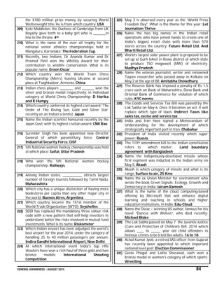 GENERAL AWARENESS – AUGUST 2015 84
the $180 million prize money by securing World
Welterweight title. He is from which country: USA
209) Kate Middleton, the Duchess of Cambridge from UK
Royalty gave birth to a baby girl who is _________in
line to the throne. 4th
210) What is the name of the over all trophy for the
national senior athletics championships held in
Mangaluru, Karnataka: The Federation Cup
211) Recently, two Indians, Dr Ananda Kumar and Dr
Pramod Patil won the Whitley Award for their
contribution to wildlife conservation. What is its
popular name: Green Oscar
212) Which country won the World Team Chess
Championship (Men’s) leaving Ukraine at second
place at Tsaghkadzor, Armenia: China
213) Indian chess players __________ and _________ won the
silver and bronze medal respectively, in individual
category at World Chess Championship: D Harika
and K Humpy
214) Which country conferred its highest civil award “The
Order of The Rising Sun, Gold and Silver Star’
recently on an Indian scientist: Japan
215) Name the Indian scientist honoured recently by the
Japan Govt. with its highest civilian award: CNR Rao
216) Surender Singh has been appointed new Director
General of which paramilitary force: Central
Industrial Security Force, CISF
217) 5th National women hockey championship was held
at which place: Saifai, Uttar Pradesh
218) Who won the 5th National women hockey
championship: Railways
219) Among Indian states, ______________ attracts largest
number of foreign tourists followed by Tamil Nadu:
Maharashtra
220) Which city has a unique distinction of having more
bookstores per capita than any other major city in
the world: Buenos Aires, Argentina
221) Which country became the 161st member of the
World Trade Organization (WTO): Seychelles
222) SEBI has replaced the mandatory three colour risk
code with a new pattern that will help investors to
understand better the risks involved in mutual fund
investments. What is its name: Riskometer
223) Which Indian airport has been adjudged the world's
best airport for the year 2014, under the category of
handling 25 to 40 million passengers per annum:
Indira Gandhi International Airport, New Delhi
224) At which international event India's top rifle
shooters have won a rich haul of three gold and two
bronze medals: International Shooting
Competition
225) May 3 is observed every year as the “World Press
Freedom Day”. What is the theme for this year: Let
Journalism Thrive
226) Name the two big names in the Indian retail
operations who have joined hands to create one of
India's biggest retail chain with more than 570
stores across the country: Future Retail Ltd. And
Bharti Retail Ltd.
227) World’s largest solar power plant is proposed to be
set up at Gurh tehsil in Rewa district of which state
to produce 750 megawatt (MW) of electricity:
Madhya Pradesh
228) Name the veteran journalist, writer and renowned
Tagore researcher who passed away in Kolkata on
May 2 at the age of 88: Amitabha Chowdhury
229) The Reserve Bank has imposed a penalty of Rs 1.5
crore each on Bank of Maharashtra, Dena Bank and
Oriental Bank of Commerce for violation of which
rules: KYC norms
230) The Goods and Services Tax Bill was passed by the
Lok Sabha on May 6. Once it becomes an act, it will
replace which type of taxes: Indirect Taxes like
sales tax, excise and service tax
231) India and Iran have signed a Memorandum of
Understanding for the development of which
strategically important port in Iran: Chabahar
232) President of India visited recently which super
power: Russia
233) The 119th amendment bill to the Indian constitution
refers to which matter: Land boundary
agreement with Bangladesh
234) Name the indigenously-developed missile whose
first regiment was inducted in the Indian army on
May 5: Akash
235) Akash is which category of missile and what is its
range: Surface to air, 25 Kms
236) Name the ex Union Minister for environment who
wrote the book Green Signals: Ecology, Growth and
Democracy in India: Jairam Ramesh
237) What is the name of the cloud computing-based
offering by Microsoft that will enhance digital
learning and teaching in schools and higher
education institutions, in India: Edu-Cloud
238) Name the Oscar – winning US author, famous for his
novel “Dances with Wolves”, who died recently:
Michael Blake
239) The Lok Sabha passed on May 7 the Juvenile Justice
(Care and Protection of Children) Bill, 2014 which
allows _____ to _______ year old child offenders in
heinous crimes to be tried like adults: 16 to 18
240) Achal Kumar Jyoti, a retired IAS officer from Gujarat
has recently been appointed to which important
national level post: Election Commissioner
241) Geeta Phogat and Lalita Sherawat, each won a
bronze medal in women's category of which sports:
Wrestling
 