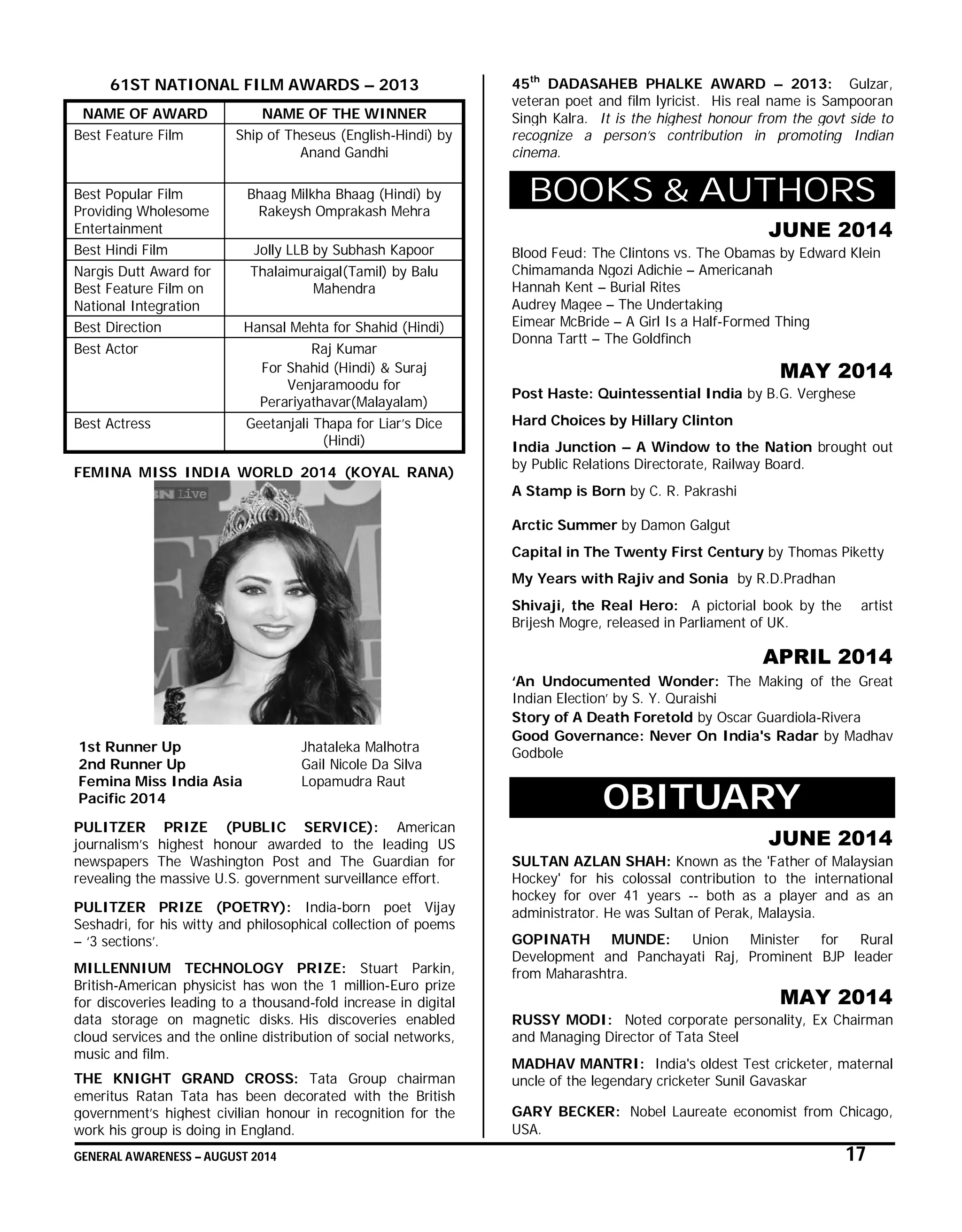 GENERAL AWARENESS – AUGUST 2014 17
61ST NATIONAL FILM AWARDS – 2013
NAME OF AWARD NAME OF THE WINNER
Best Feature Film Ship of Theseus (English-Hindi) by
Anand Gandhi
Best Popular Film
Providing Wholesome
Entertainment
Bhaag Milkha Bhaag (Hindi) by
Rakeysh Omprakash Mehra
Best Hindi Film Jolly LLB by Subhash Kapoor
Nargis Dutt Award for
Best Feature Film on
National Integration
Thalaimuraigal(Tamil) by Balu
Mahendra
Best Direction Hansal Mehta for Shahid (Hindi)
Best Actor Raj Kumar
For Shahid (Hindi) & Suraj
Venjaramoodu for
Perariyathavar(Malayalam)
Best Actress Geetanjali Thapa for Liar’s Dice
(Hindi)
FEMINA MISS INDIA WORLD 2014 (KOYAL RANA)
1st Runner Up Jhataleka Malhotra
2nd Runner Up Gail Nicole Da Silva
Femina Miss India Asia Lopamudra Raut
Pacific 2014
PULITZER PRIZE (PUBLIC SERVICE): American
journalism’s highest honour awarded to the leading US
newspapers The Washington Post and The Guardian for
revealing the massive U.S. government surveillance effort.
PULITZER PRIZE (POETRY): India-born poet Vijay
Seshadri, for his witty and philosophical collection of poems
– ‘3 sections’.
MILLENNIUM TECHNOLOGY PRIZE: Stuart Parkin,
British-American physicist has won the 1 million-Euro prize
for discoveries leading to a thousand-fold increase in digital
data storage on magnetic disks. His discoveries enabled
cloud services and the online distribution of social networks,
music and film.
THE KNIGHT GRAND CROSS: Tata Group chairman
emeritus Ratan Tata has been decorated with the British
government’s highest civilian honour in recognition for the
work his group is doing in England.
45th
DADASAHEB PHALKE AWARD – 2013: Gulzar,
veteran poet and film lyricist. His real name is Sampooran
Singh Kalra. It is the highest honour from the govt side to
recognize a person’s contribution in promoting Indian
cinema.
BOOKS & AUTHORS
JUNE 2014
Blood Feud: The Clintons vs. The Obamas by Edward Klein
Chimamanda Ngozi Adichie – Americanah
Hannah Kent – Burial Rites
Audrey Magee – The Undertaking
Eimear McBride – A Girl Is a Half-Formed Thing
Donna Tartt – The Goldfinch
MAY 2014
Post Haste: Quintessential India by B.G. Verghese
Hard Choices by Hillary Clinton
India Junction – A Window to the Nation brought out
by Public Relations Directorate, Railway Board.
A Stamp is Born by C. R. Pakrashi
Arctic Summer by Damon Galgut
Capital in The Twenty First Century by Thomas Piketty
My Years with Rajiv and Sonia by R.D.Pradhan
Shivaji, the Real Hero: A pictorial book by the artist
Brijesh Mogre, released in Parliament of UK.
APRIL 2014
‘An Undocumented Wonder: The Making of the Great
Indian Election’ by S. Y. Quraishi
Story of A Death Foretold by Oscar Guardiola-Rivera
Good Governance: Never On India's Radar by Madhav
Godbole
OBITUARY
JUNE 2014
SULTAN AZLAN SHAH: Known as the 'Father of Malaysian
Hockey' for his colossal contribution to the international
hockey for over 41 years -- both as a player and as an
administrator. He was Sultan of Perak, Malaysia.
GOPINATH MUNDE: Union Minister for Rural
Development and Panchayati Raj, Prominent BJP leader
from Maharashtra.
MAY 2014
RUSSY MODI: Noted corporate personality, Ex Chairman
and Managing Director of Tata Steel
MADHAV MANTRI: India's oldest Test cricketer, maternal
uncle of the legendary cricketer Sunil Gavaskar
GARY BECKER: Nobel Laureate economist from Chicago,
USA.
 