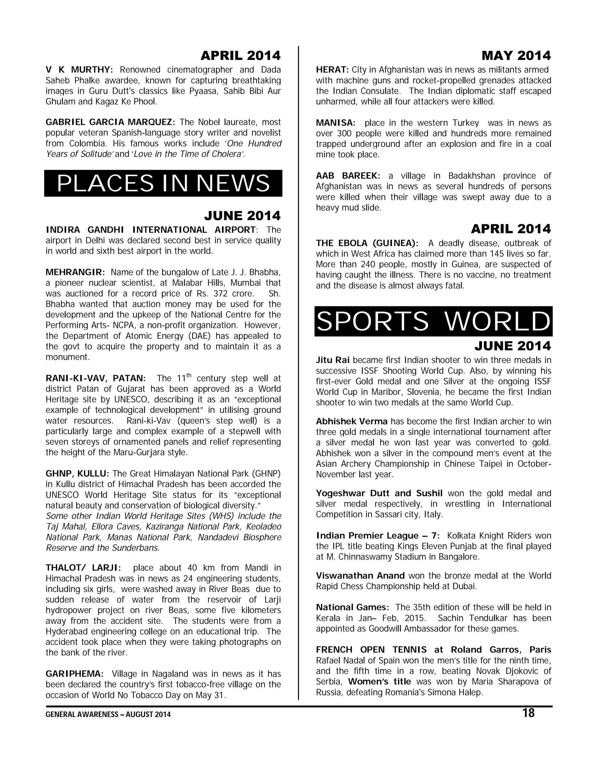 GENERAL AWARENESS – AUGUST 2014 18
APRIL 2014
V K MURTHY: Renowned cinematographer and Dada
Saheb Phalke awardee, known for capturing breathtaking
images in Guru Dutt's classics like Pyaasa, Sahib Bibi Aur
Ghulam and Kagaz Ke Phool.
GABRIEL GARCIA MARQUEZ: The Nobel laureate, most
popular veteran Spanish-language story writer and novelist
from Colombia. His famous works include ‘One Hundred
Years of Solitude’ and ‘Love in the Time of Cholera’.
PLACES IN NEWS
JUNE 2014
INDIRA GANDHI INTERNATIONAL AIRPORT: The
airport in Delhi was declared second best in service quality
in world and sixth best airport in the world.
MEHRANGIR: Name of the bungalow of Late J. J. Bhabha,
a pioneer nuclear scientist, at Malabar Hills, Mumbai that
was auctioned for a record price of Rs. 372 crore. Sh.
Bhabha wanted that auction money may be used for the
development and the upkeep of the National Centre for the
Performing Arts- NCPA, a non-profit organization. However,
the Department of Atomic Energy (DAE) has appealed to
the govt to acquire the property and to maintain it as a
monument.
RANI-KI-VAV, PATAN: The 11th
century step well at
district Patan of Gujarat has been approved as a World
Heritage site by UNESCO, describing it as an “exceptional
example of technological development” in utilising ground
water resources. Rani-ki-Vav (queen’s step well) is a
particularly large and complex example of a stepwell with
seven storeys of ornamented panels and relief representing
the height of the Maru-Gurjara style.
GHNP, KULLU: The Great Himalayan National Park (GHNP)
in Kullu district of Himachal Pradesh has been accorded the
UNESCO World Heritage Site status for its “exceptional
natural beauty and conservation of biological diversity.”
Some other Indian World Heritage Sites (WHS) include the
Taj Mahal, Ellora Caves, Kaziranga National Park, Keoladeo
National Park, Manas National Park, Nandadevi Biosphere
Reserve and the Sunderbans.
THALOT/ LARJI: place about 40 km from Mandi in
Himachal Pradesh was in news as 24 engineering students,
including six girls, were washed away in River Beas due to
sudden release of water from the reservoir of Larji
hydropower project on river Beas, some five kilometers
away from the accident site. The students were from a
Hyderabad engineering college on an educational trip. The
accident took place when they were taking photographs on
the bank of the river.
GARIPHEMA: Village in Nagaland was in news as it has
been declared the country’s first tobacco-free village on the
occasion of World No Tobacco Day on May 31.
MAY 2014
HERAT: City in Afghanistan was in news as militants armed
with machine guns and rocket-propelled grenades attacked
the Indian Consulate. The Indian diplomatic staff escaped
unharmed, while all four attackers were killed.
MANISA: place in the western Turkey was in news as
over 300 people were killed and hundreds more remained
trapped underground after an explosion and fire in a coal
mine took place.
AAB BAREEK: a village in Badakhshan province of
Afghanistan was in news as several hundreds of persons
were killed when their village was swept away due to a
heavy mud slide.
APRIL 2014
THE EBOLA (GUINEA): A deadly disease, outbreak of
which in West Africa has claimed more than 145 lives so far.
More than 240 people, mostly in Guinea, are suspected of
having caught the illness. There is no vaccine, no treatment
and the disease is almost always fatal.
SPORTS WORLD
JUNE 2014
Jitu Rai became first Indian shooter to win three medals in
successive ISSF Shooting World Cup. Also, by winning his
first-ever Gold medal and one Silver at the ongoing ISSF
World Cup in Maribor, Slovenia, he became the first Indian
shooter to win two medals at the same World Cup.
Abhishek Verma has become the first Indian archer to win
three gold medals in a single international tournament after
a silver medal he won last year was converted to gold.
Abhishek won a silver in the compound men’s event at the
Asian Archery Championship in Chinese Taipei in October-
November last year.
Yogeshwar Dutt and Sushil won the gold medal and
silver medal respectively, in wrestling in International
Competition in Sassari city, Italy.
Indian Premier League – 7: Kolkata Knight Riders won
the IPL title beating Kings Eleven Punjab at the final played
at M. Chinnaswamy Stadium in Bangalore.
Viswanathan Anand won the bronze medal at the World
Rapid Chess Championship held at Dubai.
National Games: The 35th edition of these will be held in
Kerala in Jan– Feb, 2015. Sachin Tendulkar has been
appointed as Goodwill Ambassador for these games.
FRENCH OPEN TENNIS at Roland Garros, Paris
Rafael Nadal of Spain won the men’s title for the ninth time,
and the fifth time in a row, beating Novak Djokovic of
Serbia, Women’s title was won by Maria Sharapova of
Russia, defeating Romania's Simona Halep.
 