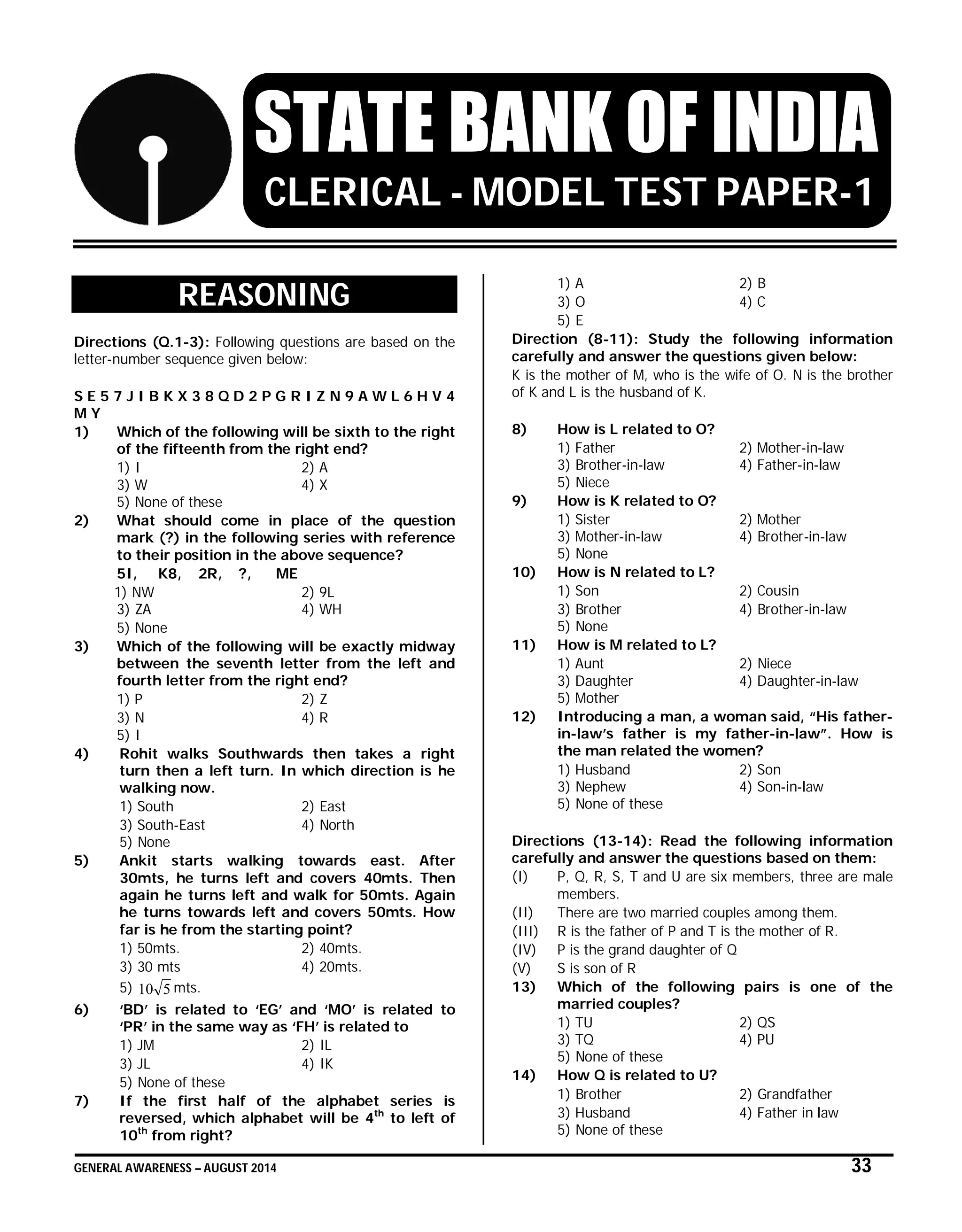 GENERAL AWARENESS – AUGUST 2014 33
STATE BANK OF INDIA
CLERICAL - MODEL TEST PAPER-1
REASONING
Directions (Q.1-3): Following questions are based on the
letter-number sequence given below:
S E 5 7 J I B K X 3 8 Q D 2 P G R I Z N 9 A W L 6 H V 4
M Y
1) Which of the following will be sixth to the right
of the fifteenth from the right end?
1) I 2) A
3) W 4) X
5) None of these
2) What should come in place of the question
mark (?) in the following series with reference
to their position in the above sequence?
5I, K8, 2R, ?, ME
1) NW 2) 9L
3) ZA 4) WH
5) None
3) Which of the following will be exactly midway
between the seventh letter from the left and
fourth letter from the right end?
1) P 2) Z
3) N 4) R
5) I
4) Rohit walks Southwards then takes a right
turn then a left turn. In which direction is he
walking now.
1) South 2) East
3) South-East 4) North
5) None
5) Ankit starts walking towards east. After
30mts, he turns left and covers 40mts. Then
again he turns left and walk for 50mts. Again
he turns towards left and covers 50mts. How
far is he from the starting point?
1) 50mts. 2) 40mts.
3) 30 mts 4) 20mts.
5) 510 mts.
6) ‘BD’ is related to ‘EG’ and ‘MO’ is related to
‘PR’ in the same way as ‘FH’ is related to
1) JM 2) IL
3) JL 4) IK
5) None of these
7) If the first half of the alphabet series is
reversed, which alphabet will be 4th
to left of
10th
from right?
1) A 2) B
3) O 4) C
5) E
Direction (8-11): Study the following information
carefully and answer the questions given below:
K is the mother of M, who is the wife of O. N is the brother
of K and L is the husband of K.
8) How is L related to O?
1) Father 2) Mother-in-law
3) Brother-in-law 4) Father-in-law
5) Niece
9) How is K related to O?
1) Sister 2) Mother
3) Mother-in-law 4) Brother-in-law
5) None
10) How is N related to L?
1) Son 2) Cousin
3) Brother 4) Brother-in-law
5) None
11) How is M related to L?
1) Aunt 2) Niece
3) Daughter 4) Daughter-in-law
5) Mother
12) Introducing a man, a woman said, “His father-
in-law’s father is my father-in-law”. How is
the man related the women?
1) Husband 2) Son
3) Nephew 4) Son-in-law
5) None of these
Directions (13-14): Read the following information
carefully and answer the questions based on them:
(I) P, Q, R, S, T and U are six members, three are male
members.
(II) There are two married couples among them.
(III) R is the father of P and T is the mother of R.
(IV) P is the grand daughter of Q
(V) S is son of R
13) Which of the following pairs is one of the
married couples?
1) TU 2) QS
3) TQ 4) PU
5) None of these
14) How Q is related to U?
1) Brother 2) Grandfather
3) Husband 4) Father in law
5) None of these
 