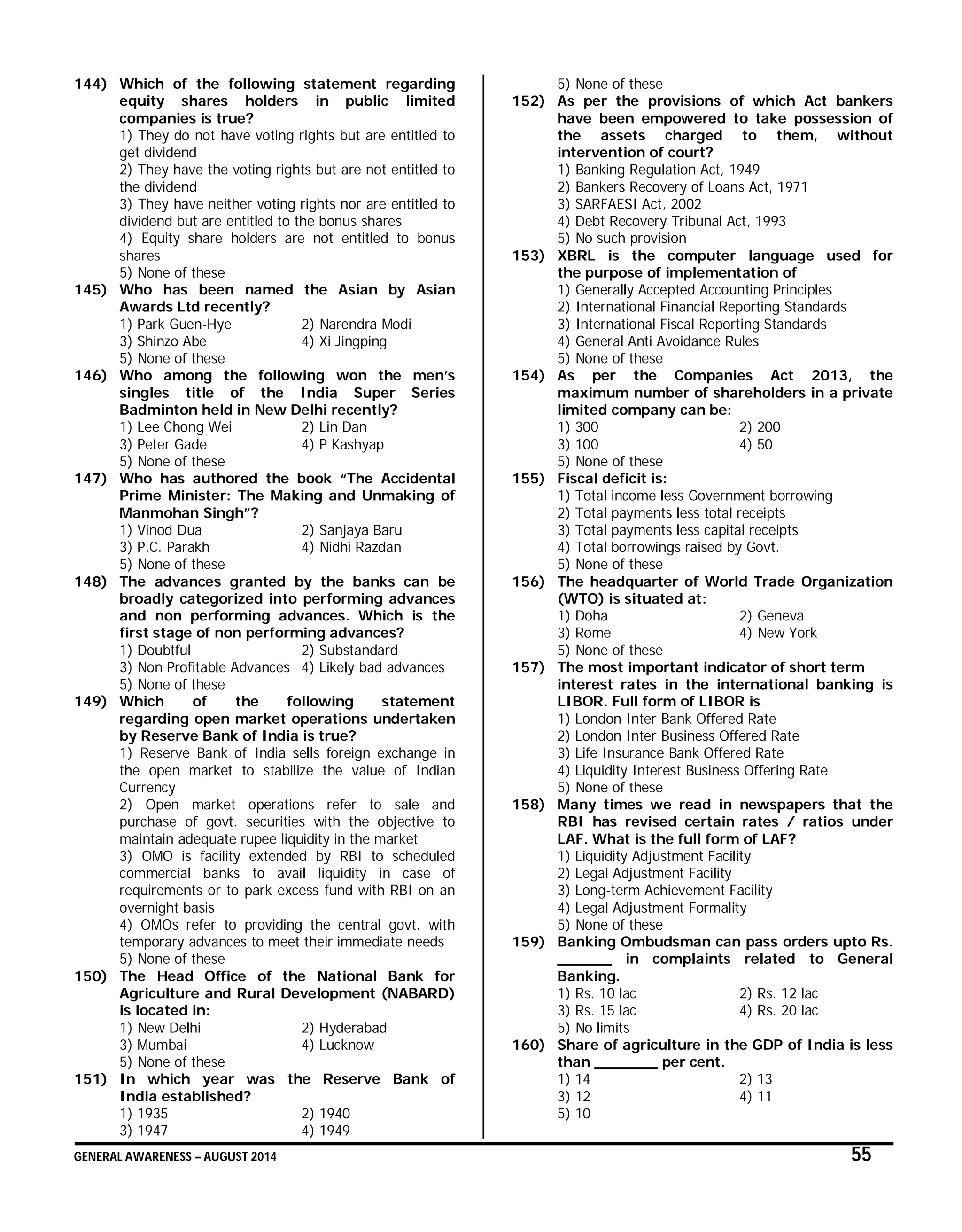 GENERAL AWARENESS – AUGUST 2014 55
144) Which of the following statement regarding
equity shares holders in public limited
companies is true?
1) They do not have voting rights but are entitled to
get dividend
2) They have the voting rights but are not entitled to
the dividend
3) They have neither voting rights nor are entitled to
dividend but are entitled to the bonus shares
4) Equity share holders are not entitled to bonus
shares
5) None of these
145) Who has been named the Asian by Asian
Awards Ltd recently?
1) Park Guen-Hye 2) Narendra Modi
3) Shinzo Abe 4) Xi Jingping
5) None of these
146) Who among the following won the men’s
singles title of the India Super Series
Badminton held in New Delhi recently?
1) Lee Chong Wei 2) Lin Dan
3) Peter Gade 4) P Kashyap
5) None of these
147) Who has authored the book “The Accidental
Prime Minister: The Making and Unmaking of
Manmohan Singh”?
1) Vinod Dua 2) Sanjaya Baru
3) P.C. Parakh 4) Nidhi Razdan
5) None of these
148) The advances granted by the banks can be
broadly categorized into performing advances
and non performing advances. Which is the
first stage of non performing advances?
1) Doubtful 2) Substandard
3) Non Profitable Advances 4) Likely bad advances
5) None of these
149) Which of the following statement
regarding open market operations undertaken
by Reserve Bank of India is true?
1) Reserve Bank of India sells foreign exchange in
the open market to stabilize the value of Indian
Currency
2) Open market operations refer to sale and
purchase of govt. securities with the objective to
maintain adequate rupee liquidity in the market
3) OMO is facility extended by RBI to scheduled
commercial banks to avail liquidity in case of
requirements or to park excess fund with RBI on an
overnight basis
4) OMOs refer to providing the central govt. with
temporary advances to meet their immediate needs
5) None of these
150) The Head Office of the National Bank for
Agriculture and Rural Development (NABARD)
is located in:
1) New Delhi 2) Hyderabad
3) Mumbai 4) Lucknow
5) None of these
151) In which year was the Reserve Bank of
India established?
1) 1935 2) 1940
3) 1947 4) 1949
5) None of these
152) As per the provisions of which Act bankers
have been empowered to take possession of
the assets charged to them, without
intervention of court?
1) Banking Regulation Act, 1949
2) Bankers Recovery of Loans Act, 1971
3) SARFAESI Act, 2002
4) Debt Recovery Tribunal Act, 1993
5) No such provision
153) XBRL is the computer language used for
the purpose of implementation of
1) Generally Accepted Accounting Principles
2) International Financial Reporting Standards
3) International Fiscal Reporting Standards
4) General Anti Avoidance Rules
5) None of these
154) As per the Companies Act 2013, the
maximum number of shareholders in a private
limited company can be:
1) 300 2) 200
3) 100 4) 50
5) None of these
155) Fiscal deficit is:
1) Total income less Government borrowing
2) Total payments less total receipts
3) Total payments less capital receipts
4) Total borrowings raised by Govt.
5) None of these
156) The headquarter of World Trade Organization
(WTO) is situated at:
1) Doha 2) Geneva
3) Rome 4) New York
5) None of these
157) The most important indicator of short term
interest rates in the international banking is
LIBOR. Full form of LIBOR is
1) London Inter Bank Offered Rate
2) London Inter Business Offered Rate
3) Life Insurance Bank Offered Rate
4) Liquidity Interest Business Offering Rate
5) None of these
158) Many times we read in newspapers that the
RBI has revised certain rates / ratios under
LAF. What is the full form of LAF?
1) Liquidity Adjustment Facility
2) Legal Adjustment Facility
3) Long-term Achievement Facility
4) Legal Adjustment Formality
5) None of these
159) Banking Ombudsman can pass orders upto Rs.
______ in complaints related to General
Banking.
1) Rs. 10 lac 2) Rs. 12 lac
3) Rs. 15 lac 4) Rs. 20 lac
5) No limits
160) Share of agriculture in the GDP of India is less
than _______ per cent.
1) 14 2) 13
3) 12 4) 11
5) 10
 