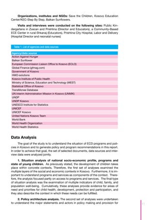Organizations, institutes and NGOs: Save the Children, Kosovo Education
Center/KEC-Step By Step, Balkan Sunflowers.

     Visits and interviews were conducted on the following sites: Public Kin-
dergartens in Zvecan and Prishtina (Director and Educators), a Community-Based
ECE Center in rural Shkanaj (Educators), Prishtina City Hospital, Labor and Delivery
(Hospital Director and neonatal nurses)


  Table 1. List of agencies and data sources

Agency/data source
Action Against Hunger
Balkan Sunflower
European Commission Liaison Office to Kosovo (ECLO)
Global Finance (gfmag.com)
Government of Kosovo
HMO-solutions
Kosovo Institute of Public Health
Ministry of Science, Education and Technology (MEST)
Statistical Office of Kosovo
TransMonee Database
UN Interim Administration Mission in Kosovo (UNMIK)
UNDP
UNDP Kosovo
UNESCO Institute for Statistics
UNICEF
UNICEF Kosovo
United Nations Kosovo Team
World Bank
World Health Organization
World Health Statistics



Data Analysis
      The goal of the study is to understand the situation of ECD programs and poli-
cies in Kosovo and to generate policy and program recommendations in this report.
In order to achieve that goal, the set of selected documents, data sources and inter-
view data were analyzed jointly.

      1. Situation analysis of national socio-economic profile, programs and
state of young children. As previously stated, the development of children takes
place within concrete contexts. Therefore, the first set of analyses examined the
multiple layers of the social and economic contexts in Kosovo. Furthermore, it is im-
portant to understand programs and services as components of the context. There-
fore, the analysis focused partly on access to programs and services. The final type
of situation analysis was the examination of multiple indicators of child, family, and
population well-being. Cumulatively, these analyses provide evidence for areas of
need and priorities for child health, development, protection and participation, and
they also describe the context in which these needs can be fulfilled.

     2. Policy architecture analysis. The second set of analyses were undertaken
to understand the major statements and actors in policy making and provision for         11
 