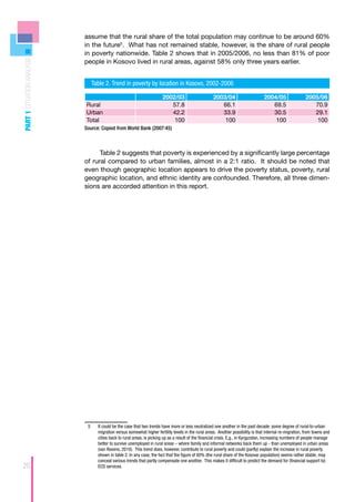 assume that the rural share of the total population may continue to be around 60%
                            in the future5. What has not remained stable, however, is the share of rural people
                            in poverty nationwide. Table 2 shows that in 2005/2006, no less than 81% of poor
PART 1 SITUATION ANALYSIS



                            people in Kosovo lived in rural areas, against 58% only three years earlier.


                               Table 2. Trend in poverty by location in Kosovo, 2002-2006

                                                                       2002/03                       2003/04                      2004/05                 2005/06
                            Rural                                         57.8                          66.1                         69.5                    70.9
                            Urban                                         42.2                          33.9                         30.5                    29.1
                            Total                                          100                           100                          100                     100
                            Source: Copied from World Bank (2007:45)



                                  Table 2 suggests that poverty is experienced by a significantly large percentage
                            of rural compared to urban families, almost in a 2:1 ratio. It should be noted that
                            even though geographic location appears to drive the poverty status, poverty, rural
                            geographic location, and ethnic identity are confounded. Therefore, all three dimen-
                            sions are accorded attention in this report.




                             5	   It could be the case that two trends have more or less neutralized one another in the past decade: some degree of rural-to-urban
                                  migration versus somewhat higher fertility levels in the rural areas. Another possibility is that internal re-migration, from towns and
                                  cities back to rural areas, is picking up as a result of the financial crisis. E,g., in Kyrgyzstan, increasing numbers of people manage
                                  better to survive unemployed in rural areas – where family and informal networks back them up - than unemployed in urban areas
                                  (van Ravens, 2010). This trend does, however, contribute to rural poverty and could (partly) explain the increase in rural poverty
                                  shown in table 2. In any case, the fact that the figure of 60% (the rural share of the Kosovar population) seems rather stable, may
                                  conceal various trends that partly compensate one another. This makes it difficult to predict the demand for (financial support to)
20                                ECD services.
 