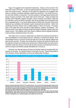 Figure 19 suggests some important implications. Kosovo is the red dot in the
lower left corner of the grid. It has the lowest preschool enrolment but it does not
have the lowest income. Although at first sight the regression line suggests that




                                                                                                                           PART 1 SITUATION ANALYSIS
there is a positive correlation between wealth and enrolment – the richer the coun-
try, the more children in preschool – the line’s position is strongly determined by the
group of seven countries in the upper right corner of the grid. These countries are
Croatia, Czech Republic, Estonia, Hungary, Latvia, Lithuania, and Poland. Most are
EU members, some are OECD members, and all are generally more developed and
form a separate group. If we would delete these countries from the grid, there would
hardly be any correlation left between wealth and preschool enrolment. Within the
remaining countries, Kosovo has a middle position in terms of income. The green
dots in the upper left corner are (left to right) Moldova, Ukraine, and Belarus. The
first two have much higher enrolment levels than Kosovo despite a clearly lower per
capita income. Only slightly richer than Kosovo, Belarus has the highest enrolment
of all countries, inluding the seven rich ones.

      The reason why a country’s wealth does not determine preschool enrolment is
that a kindergarten is a home-grown service. Nothing in it comes from abroad. So if
the average income in country A is twice as high as in country B, teacher salaries will
also be twice as high. Similarly, the construction workers who build the facility and
the salaries of those who produce the construction materials follow the same trend.
Therefore, while the citizens of country B are twice as poor, the preschool service is
twice as cheap and therefore equally affordable as in country A.

       However, the rationale above still does not explain Kosovo’s exceptionally low
position on the grid. An important factor is the high unit cost. Figure 20 provides a
first indication; further elaboration of this point follows after the figure.

   Figure 20. Unit costs as % of per capita GDP in kindergarten in six countries, 2007-2010

 80

 70

 60

 50

 40

 30

 20

 10

   0
          Armenia        Kosovo        Kyrgyzstan      Macedonia        Moldova          Poland         Romania

Sources: van Ravens (2010:46-47 and 2011:27), except for Kosovo. The unit costs of full-day kindergarten in Kosovo was
estimated, based on information from various sources about the fee that parents pay (varying from €25 to €30, ignoring
very high fees charged in public kindergartens in Pristine) and about the state contribution (varying from €75 to €120).
The fee and the state contribution have been added up and were divided by per capita GDP.
Note: Although the data in figure 20 stem from different years (2007-2010), the unit cost for each country was always
divided by the per capita income of the same year in which that unit cost was observed. In Romania, about 75% of all
enrolees in kindergarten are in a half-day program, which explains the low unit cost.




                                                                                                                                 43
 