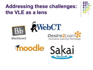 Addressing these challenges:
the VLE as a lens
 