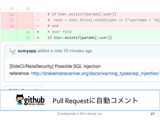 [Conﬁdential] © 2013 Actcat, Inc. 27
GitHub	
  	
  	
  	
  	
  	
  	
  Pull	
  Requestに自動コメント	
  
 