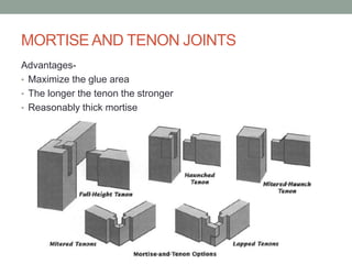 MORTISEAND TENON JOINTS
Advantages-
• Maximize the glue area
• The longer the tenon the stronger
• Reasonably thick mortise
 