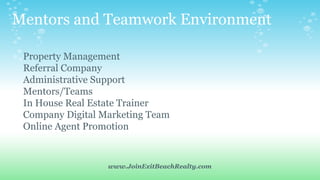 Mentors and Teamwork Environment
Property Management
Referral Company
Administrative Support
Mentors/Teams
In House Real E...