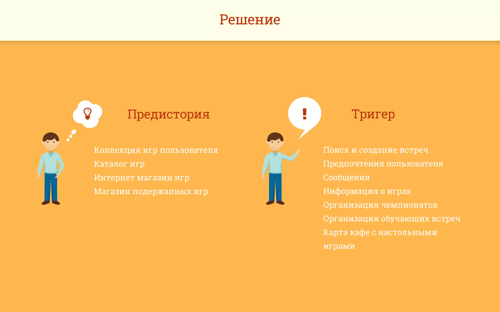 Решение
Предистория
Коллекция игр пользователя
Каталог игр
Интернет магазин игр
Магазин подержанных игр
 Тригер
Поиск и создание встреч
Предпочтения пользователя
Сообщения
Информация о играх
Организация чемпионатов
Организация обучающих встреч
Карта кафе с настольными
играми

 