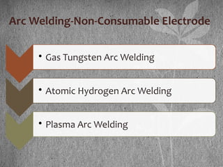 • Gas Tungsten Arc Welding
• Atomic Hydrogen Arc Welding
• Plasma Arc Welding
Arc Welding-Non-Consumable Electrode
 