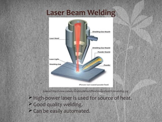 Laser Beam Welding
High-power laser is used for source of heat.
Good quality welding.
Can be easily automated.
Source:http://www.ustudy.in/sites/default/files/images/laser%20welding.jpg
 