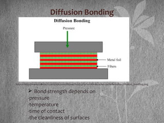 Diffusion Bonding
Source:http://www.substech.com/dokuwiki/lib/exe/fetch.php?w=&h=&cache=cache&media=diffusion_bonding.png
 Bond strength depends on
-pressure
-temperature
-time of contact
-the cleanliness of surfaces
 