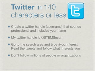 Twitter in 140
characters or less
Create a twitter handle (username) that sounds
professional and includes your name

My t...