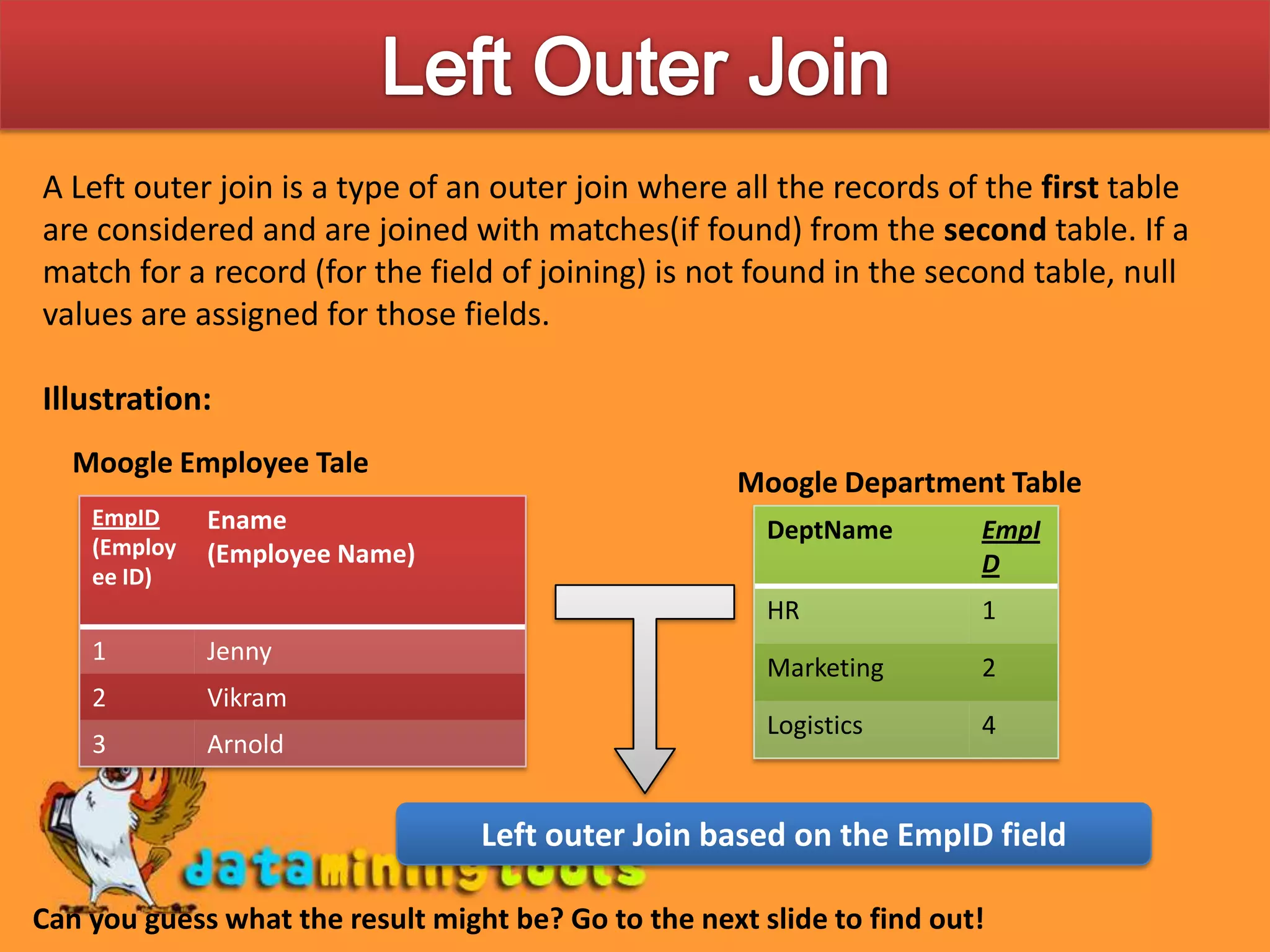 Left Outer JoinA Left outer join is a type of an outer join where all the records of the first table are considered and are joined with matches(if found) from the second table. If a match for a record (for the field of joining) is not found in the second table, null values are assigned for those fields.Illustration:Moogle Employee TaleMoogle Department TableLeft outer Join based on the EmpID fieldCan you guess what the result might be? Go to the next slide to find out!