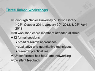 www.napier.ac.uk/iidi Page 19
Three linked workshops
Edinburgh Napier University & British Library
25th October 2011, January 30th 2012, & 25th April
2012
30 workshop cadre members attended all three
12 formal sessions:
broad research approaches
qualitative and quantitative techniques
research practicalities
“Unconference half hour” and networking
Excellent feedback
 