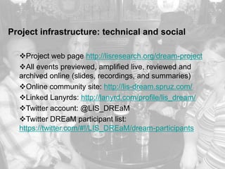 www.napier.ac.uk/iidi Page 21
Project infrastructure: technical and social
Project web page http://lisresearch.org/dream-project
All events previewed, amplified live, reviewed and
archived online (slides, recordings, and summaries)
Online community site: http://lis-dream.spruz.com/
Linked Lanyrds: http://lanyrd.com/profile/lis_dream/
Twitter account: @LIS_DREaM
Twitter DREaM participant list:
https://twitter.com/#!/LIS_DREaM/dream-participants
 