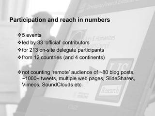 www.napier.ac.uk/iidi Page 27
Participation and reach in numbers
5 events
led by 33 „official‟ contributors
for 213 on-site delegate participants
from 12 countries (and 4 continents)
not counting „remote‟ audience of ~80 blog posts,
~1000+ tweets, multiple web pages, SlideShares,
Vimeos, SoundClouds etc.
 
