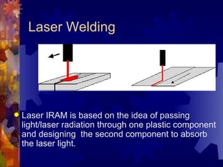 Laser  Welding Laser IRAM is based on the idea of passing light/laser radiation through one plastic component and designing  the second component to absorb the laser light.  
