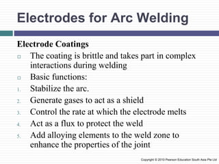 Electrodes for Arc Welding
Electrode Coatings
◻ The coating is brittle and takes part in complex
interactions during welding
◻ Basic functions:
1. Stabilize the arc.
2. Generate gases to act as a shield
3. Control the rate at which the electrode melts
4. Act as a flux to protect the weld
5. Add alloying elements to the weld zone to
enhance the properties of the joint
Copyright © 2010 Pearson Education South Asia Pte Ltd
 