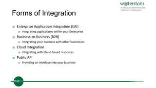 Forms of Integration
@ Enterprise Application Integration (EAI)
@ Integrating applications within your Enterprise
@ Business-to-Business (B2B)
@ Integrating your business with other businesses
@ Cloud Integration
@ Integrating with Cloud-based resources
@ Public API
@ Providing an interface into your business
 